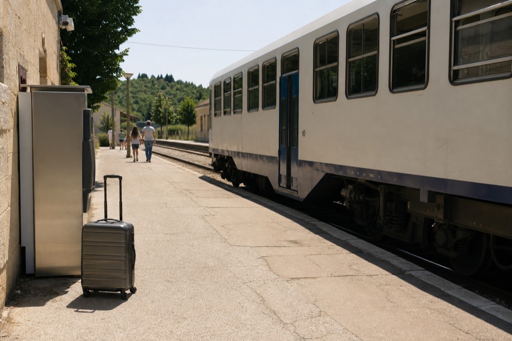 Regional train at a small stone station in the Bordeaux countryside, no text, no logos, no people