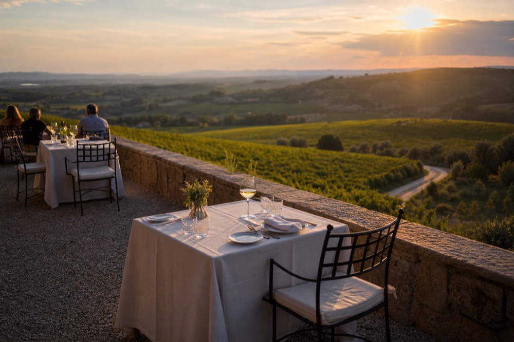 Elegant restaurant terrace with white tablecloths overlooking vineyards at golden hour, no text, no logos, no people