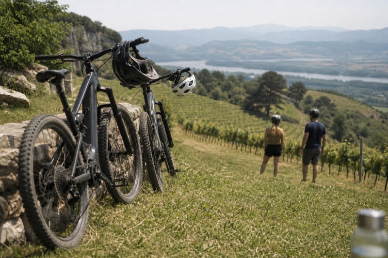 E-bikes leaning against a limestone wall among Saint-Emilion vineyard slopes at midday