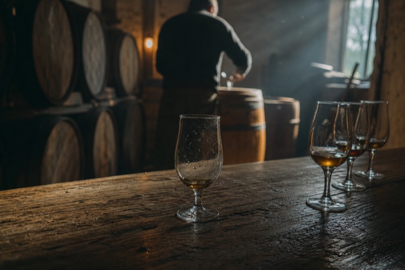 Intimate barrel cellar in warm lamplight with tasting glasses on an oak table