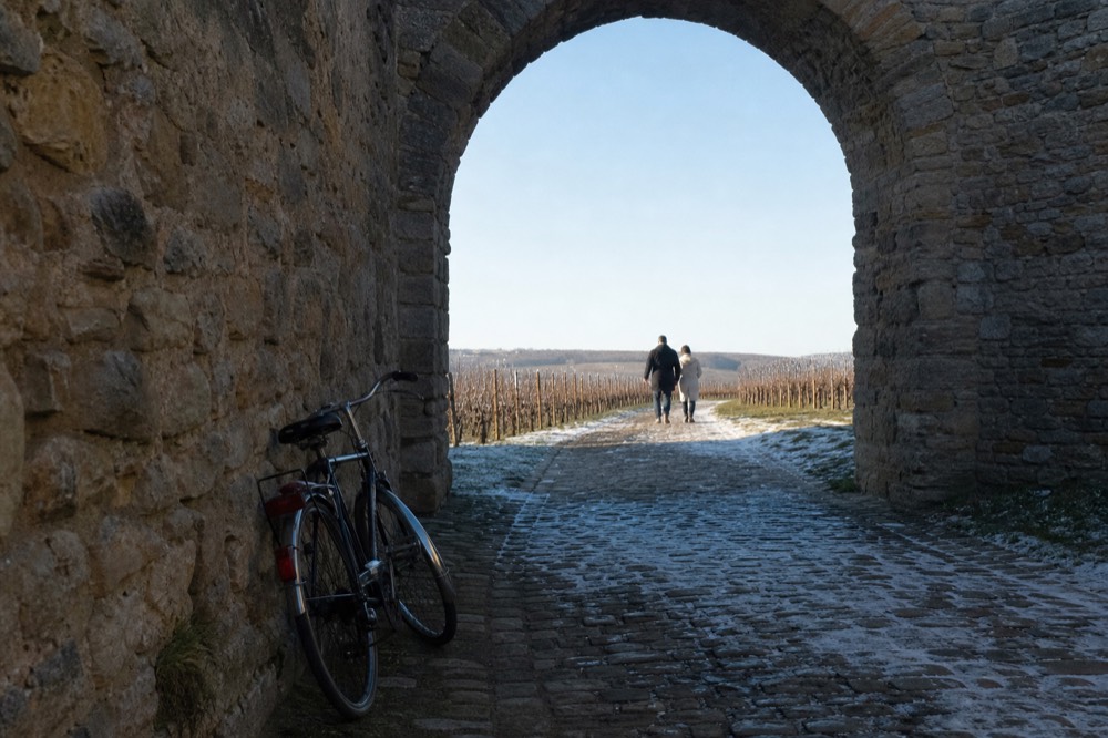 Stone gateway in the medieval walls of Saint-Emilion with vineyards beyond, no text, no logos, no people.