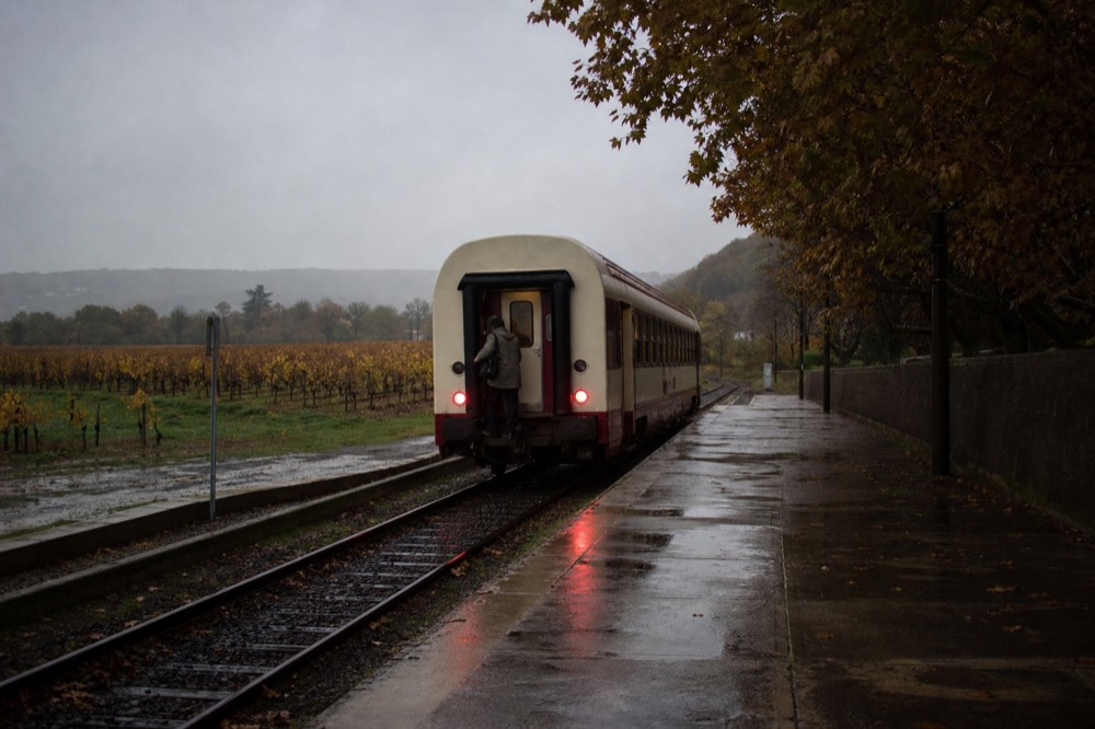 Regional train at a small French railway station in wine country, no text, no logos, no people.