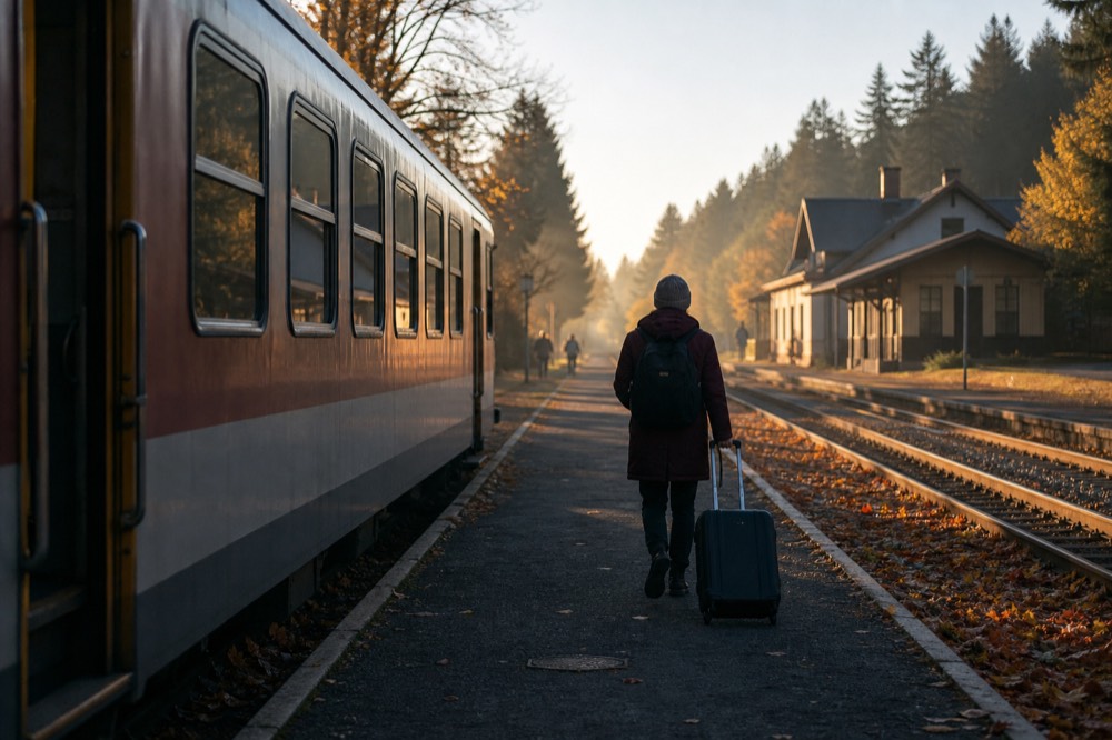 A regional train at a small station in the Bordeaux countryside, no text, no logos, no people