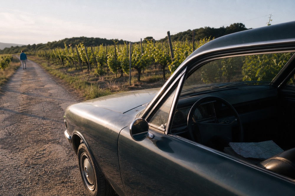 A classic car on a vineyard road near Saint-Emilion with rows of vines behind, no text, no logos, no people