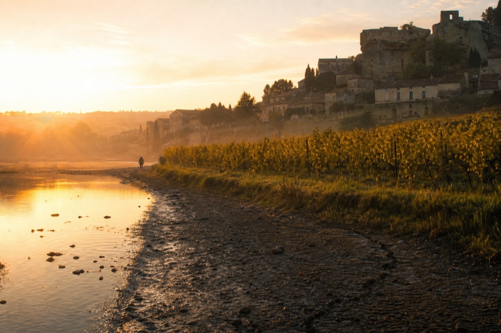 Sunset over vineyards and a stone village on the Right Bank of Bordeaux, no text, no logos, no people