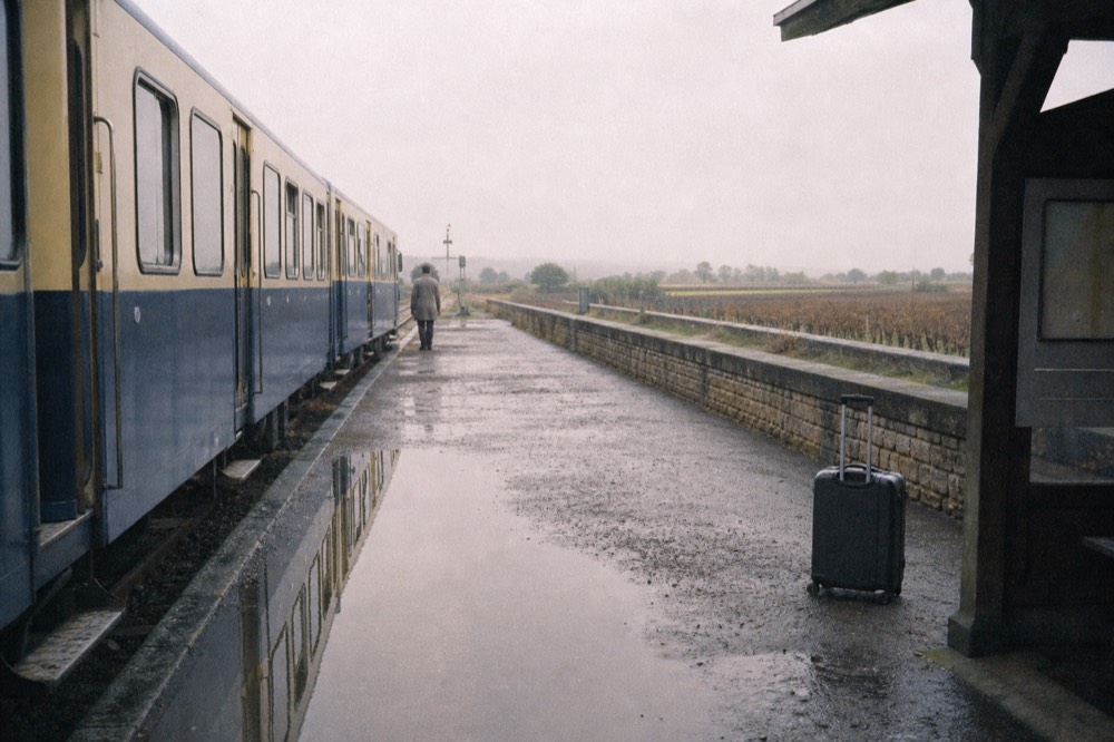 Regional train at a small stone station with vineyards beyond the platform, no text, no logos, no people