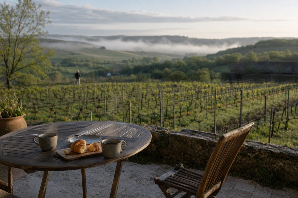 Breakfast table with coffee and pastries on a stone terrace overlooking vineyards, no text, no logos, no people