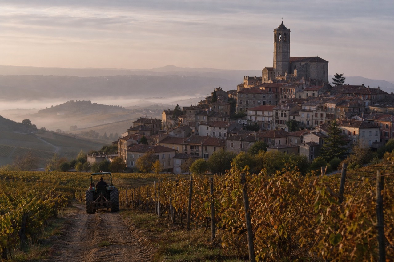 Hilltop medieval village above vineyard slopes near Saint-Emilion at golden dusk in early autumn