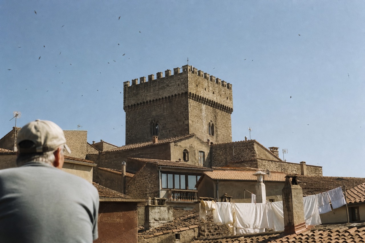 A square medieval stone keep rises above terracotta rooftops under a clear midday sky.