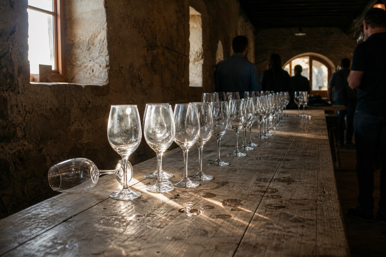 Rows of empty wine glasses line a long oak table in a stone tasting room lit by afternoon sun.