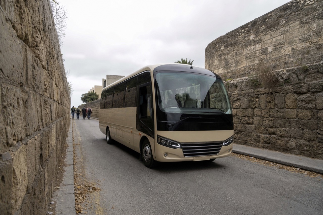 A white minivan waits on a narrow lane between tall limestone walls under an overcast midday sky.