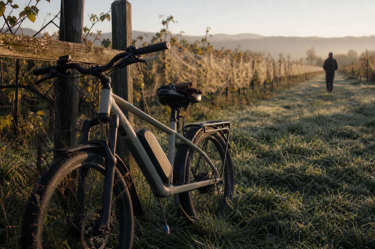 An electric bicycle leans against a wooden fence at the edge of vine rows in low morning light.