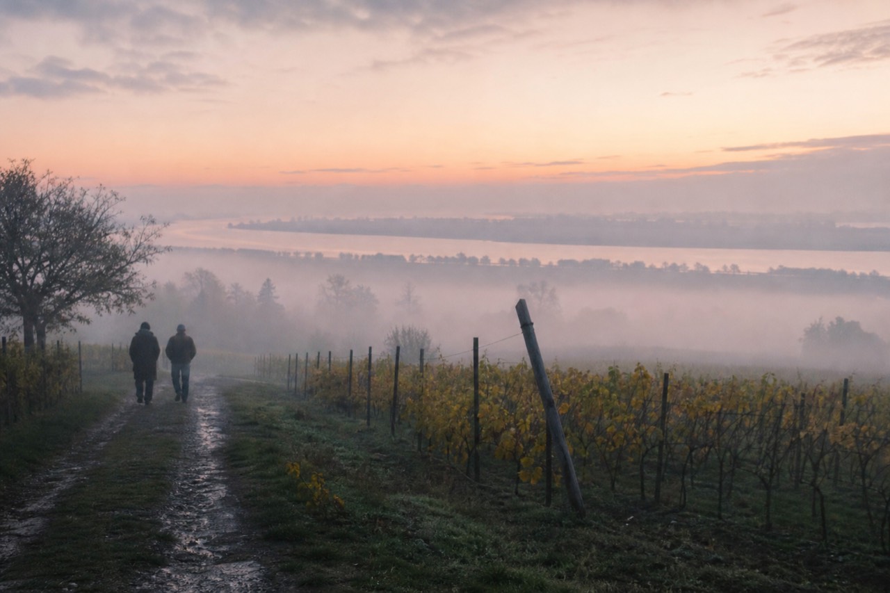 Golden vine rows fade into soft morning mist under a pale sunrise sky in the countryside.