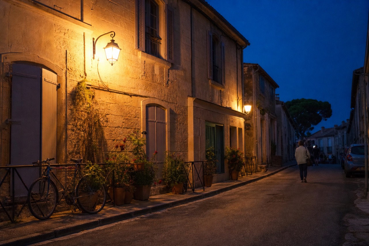 A honey colored limestone hotel facade with shuttered windows glows under lantern light at blue hour.
