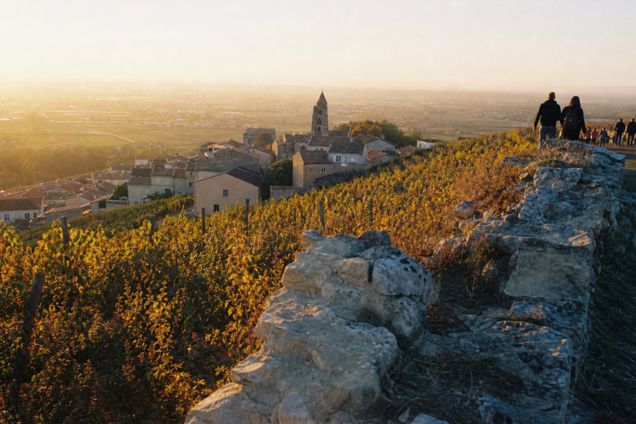 Pale rooftops and a stone spire rise above autumn vines seen from high above the village at golden hour.