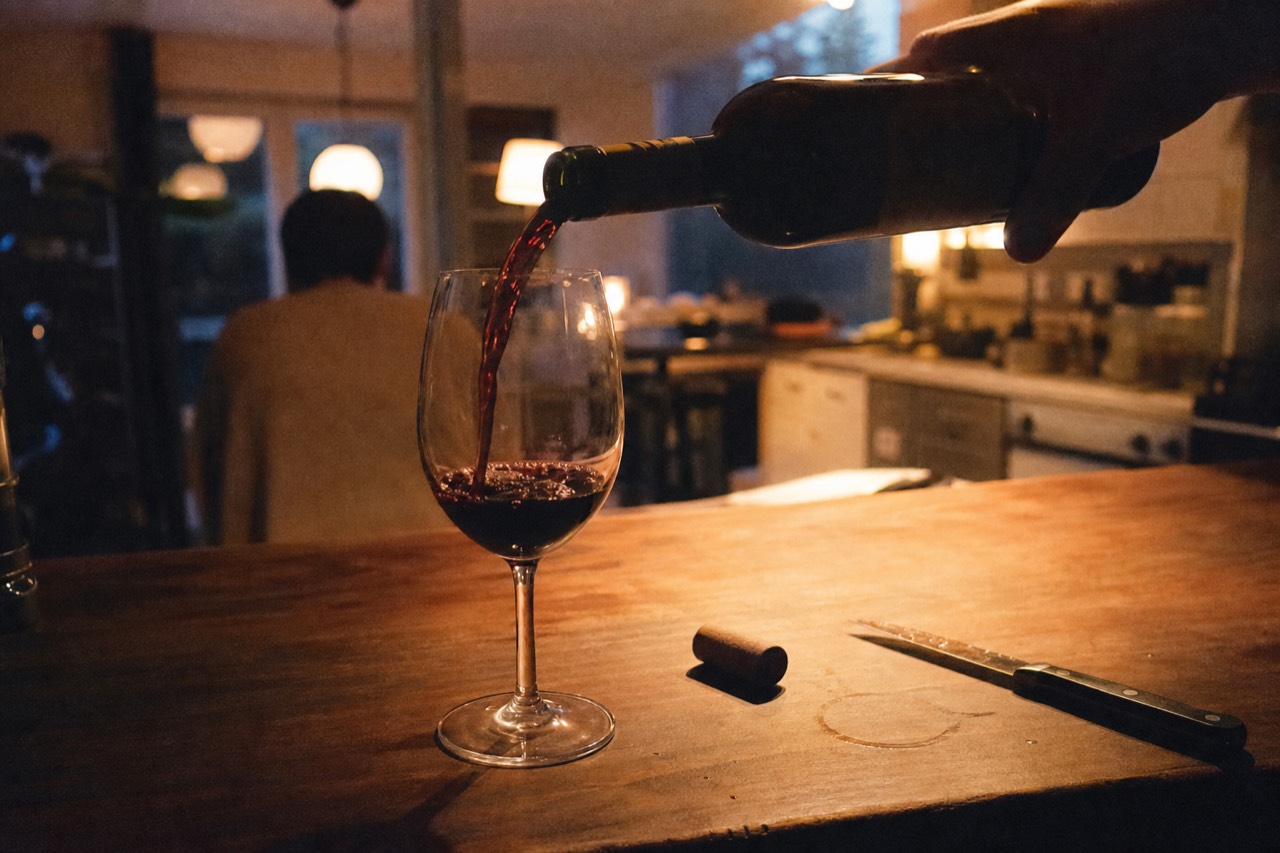 Red wine pours from a bottle into a single glass on a wooden counter lit warm by evening light.