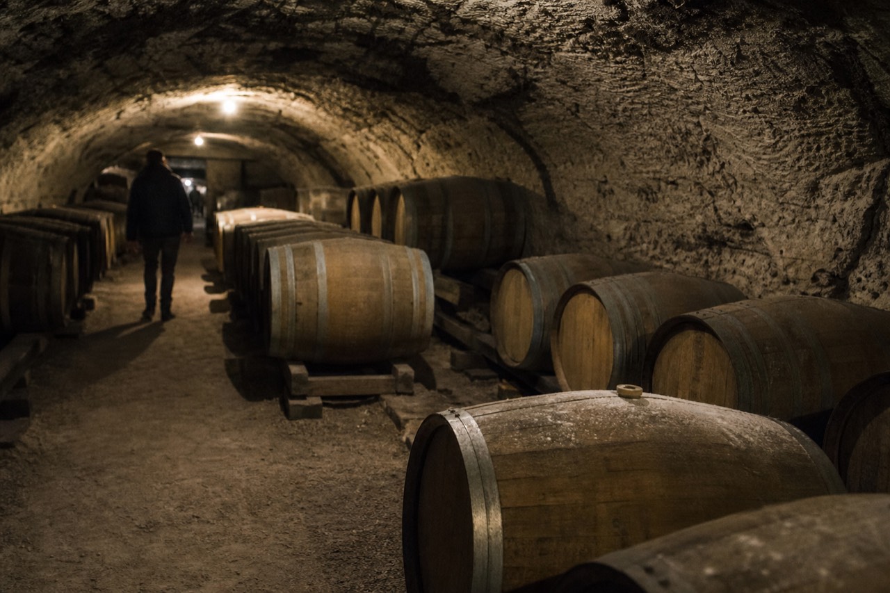 Oak barrels rest beneath a vaulted limestone ceiling in a dim underground cellar cut from bedrock.